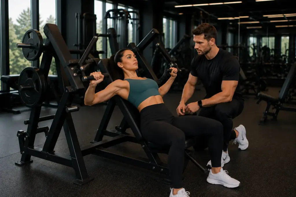 Schrägbank-Brustpresse unter Anleitung eines Trainers zur Verbesserung von Brustkraft, Schulterstabilität und kontrollierter Bewegungsausführung im modernen Medical Gym von Maisha’s Human Arts